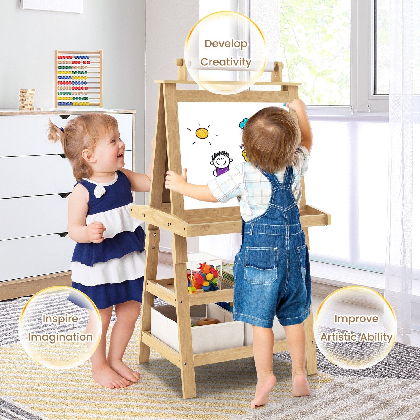 Children's Double-Sided Art Easel with Paper Roll-Natural