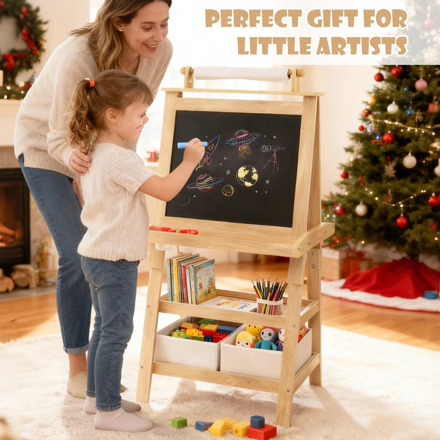 Children's Double-Sided Art Easel with Paper Roll-Natural