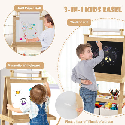 Children's Double-Sided Art Easel with Paper Roll-Natural