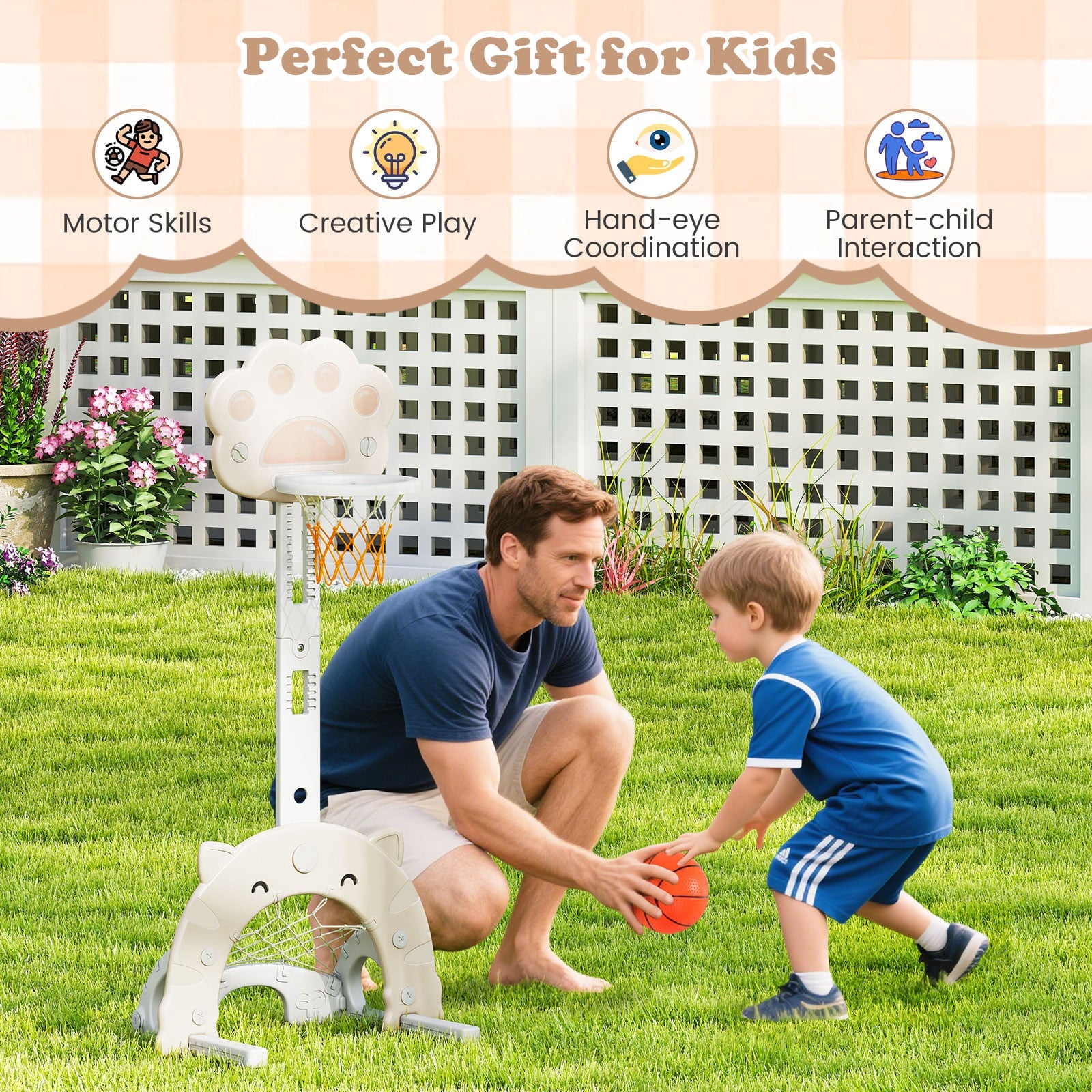 3-in-1 Kids Sports Center Adjustable Basketball Hoop with Soccer Game-White