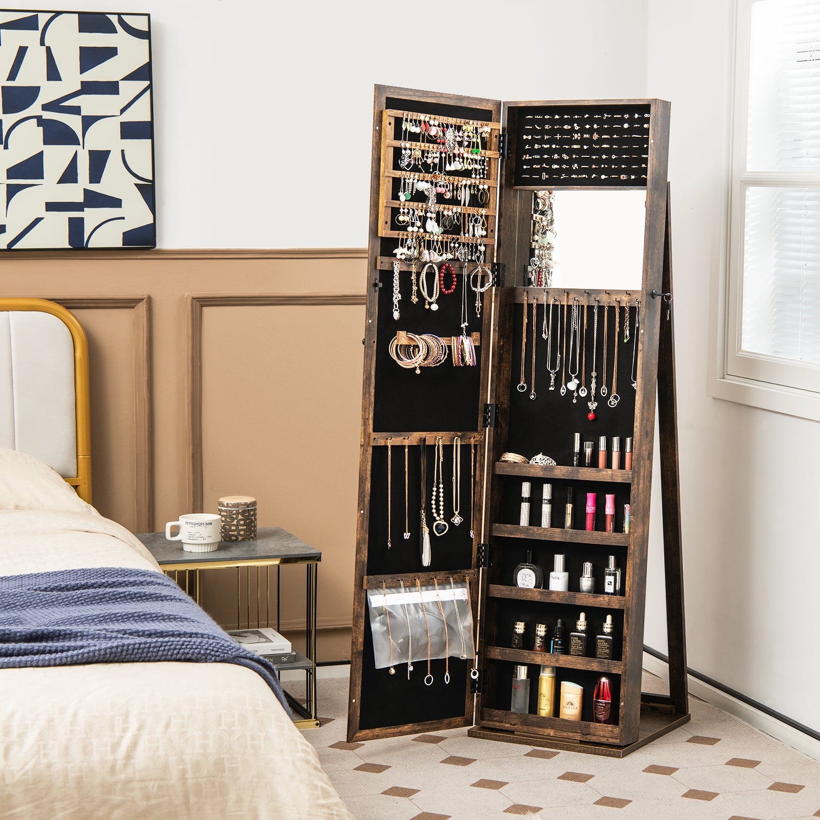 3-in-1 Mirrored Jewelry Armoire with Display Shelves-Brown