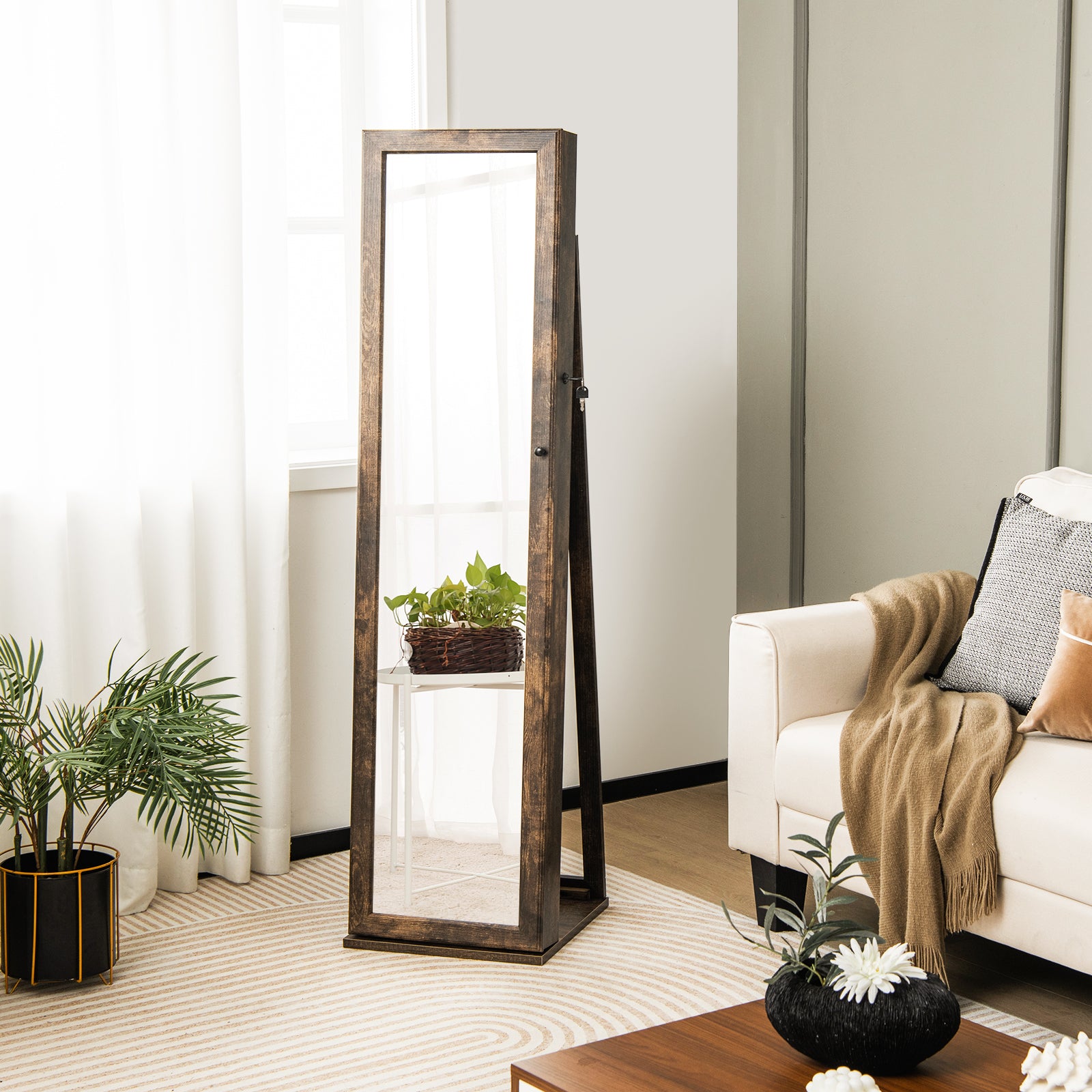 3-in-1 Mirrored Jewelry Armoire with Display Shelves-Brown