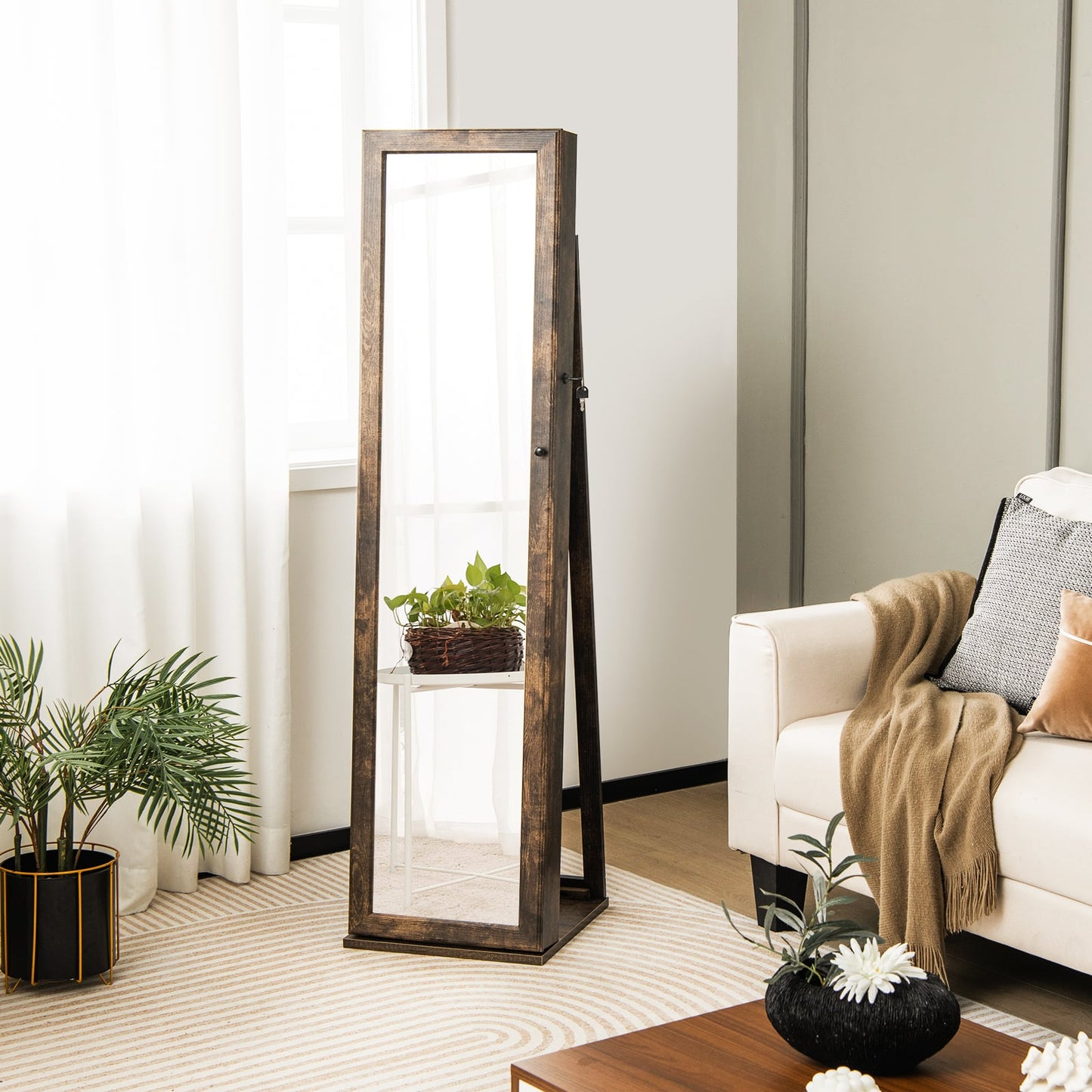 3-in-1 Mirrored Jewelry Armoire with Display Shelves-Brown