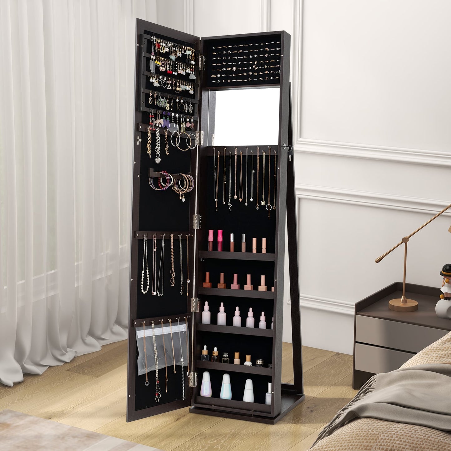 3-in-1 Mirrored Jewelry Armoire with Display Shelves-Coffee