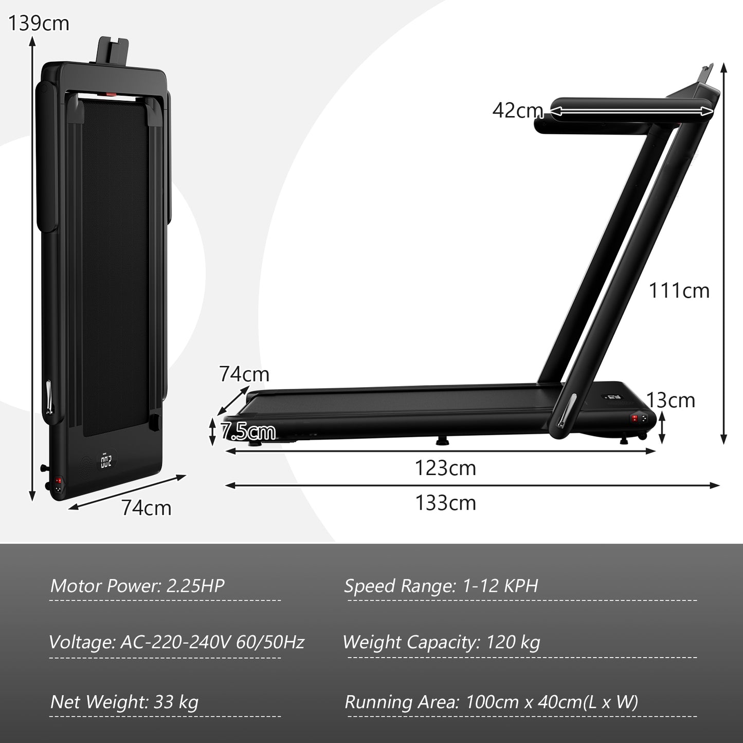 2.25 HP Foldable Treadmill 3 in 1 Walking Pad Under Desk Treadmill-Black