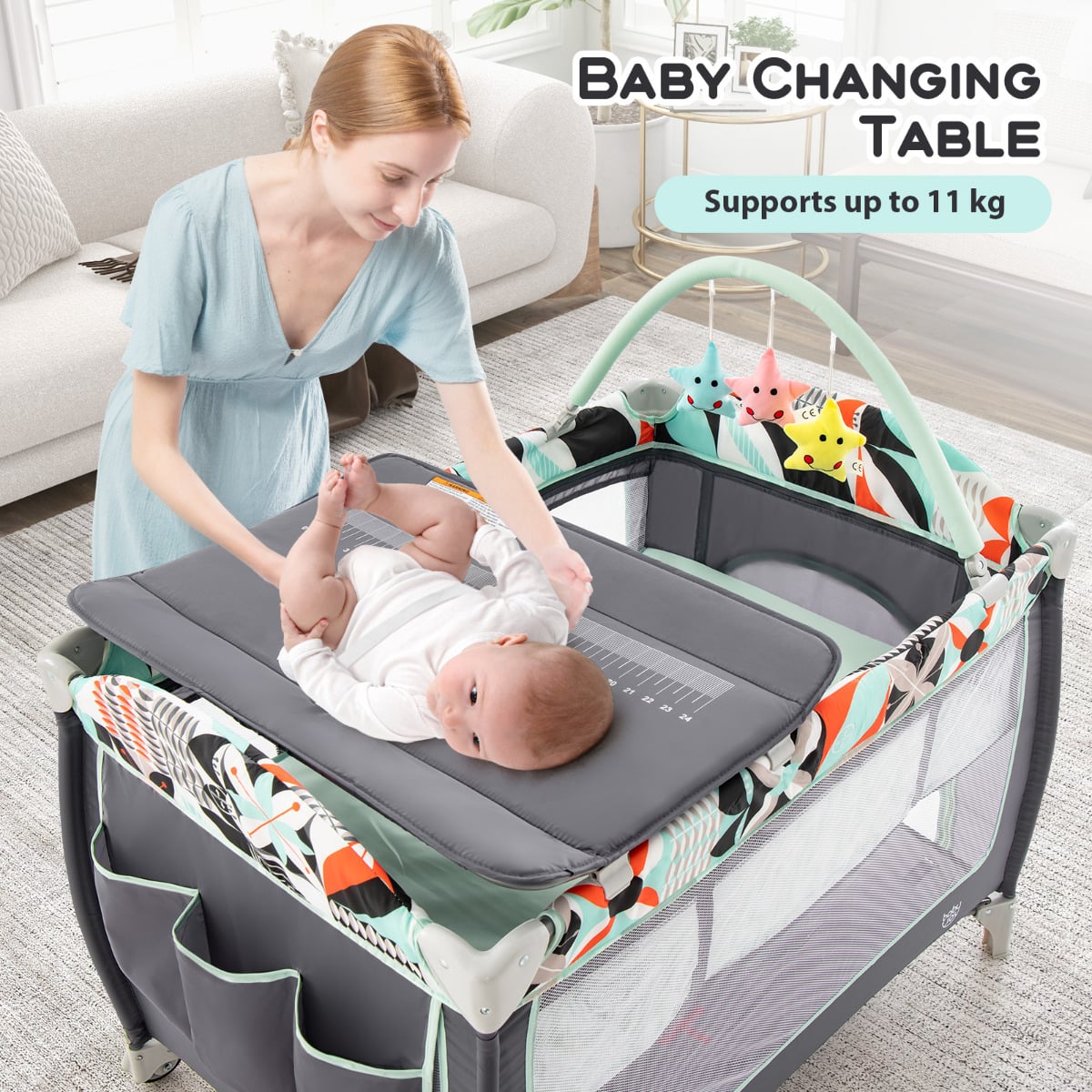 3 in 1 Baby Playard Portable Infant Nursery Center with Toy Bar-Blue