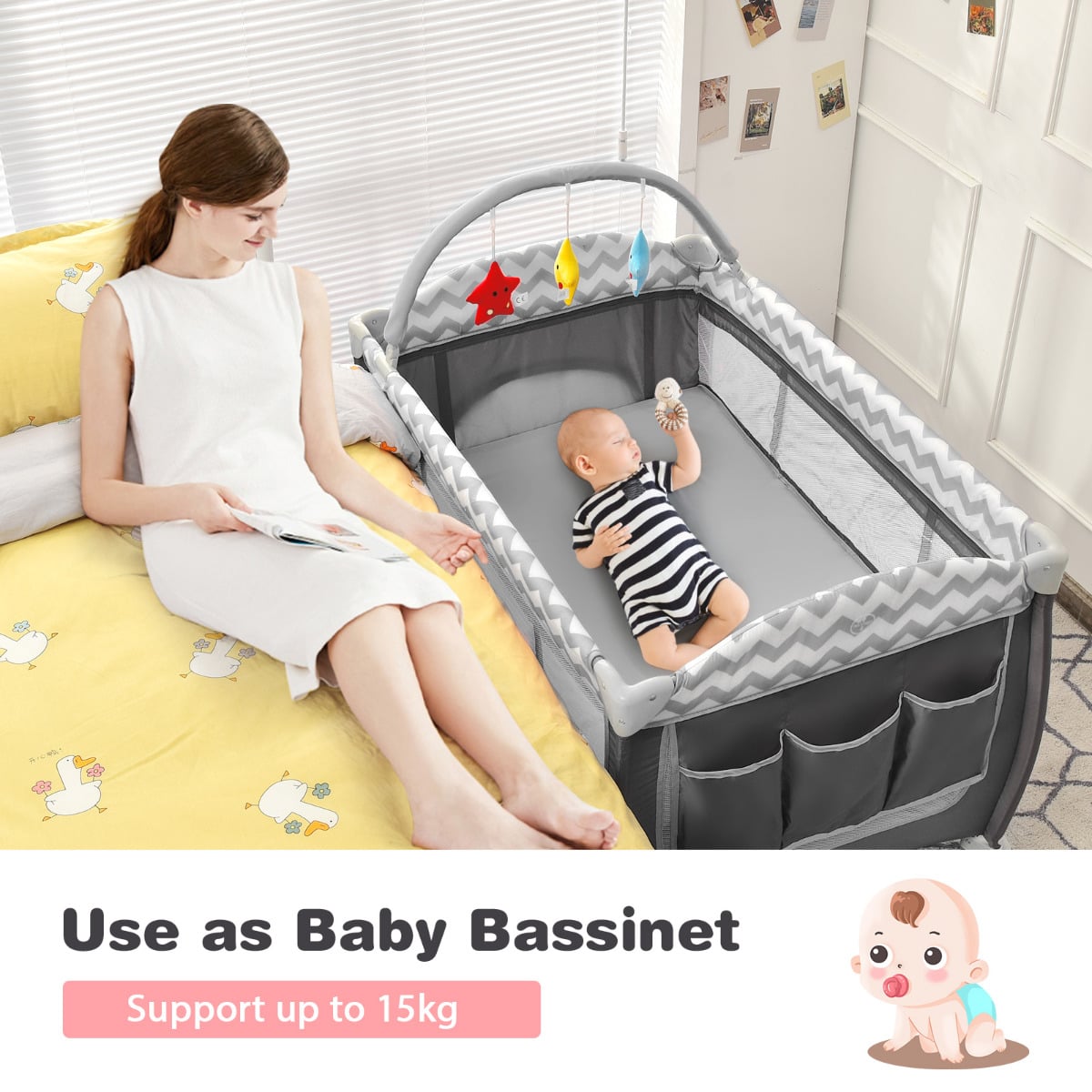 3 in 1 Baby Playard Portable Infant Nursery Center with Toy Bar-Grey
