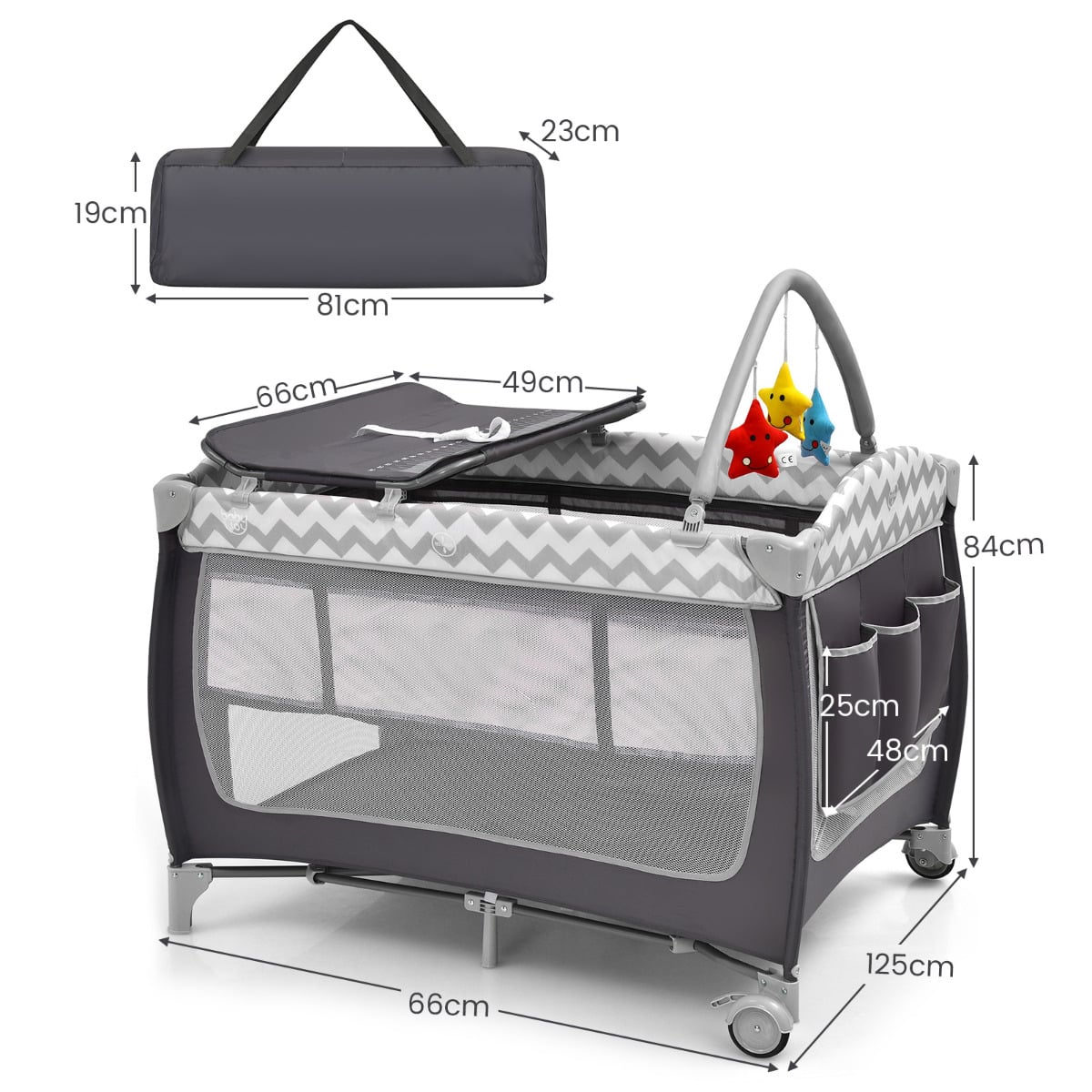3 in 1 Baby Playard Portable Infant Nursery Center with Toy Bar-Grey