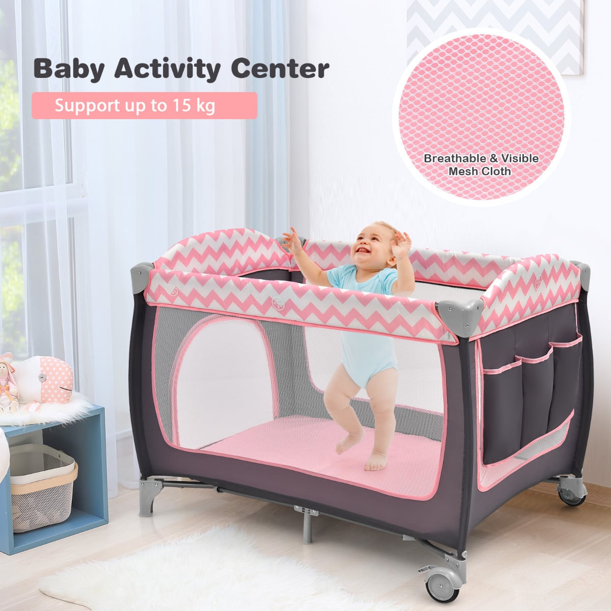 3 in 1 Baby Playard Portable Infant Nursery Center with Toy Bar-Light Pink
