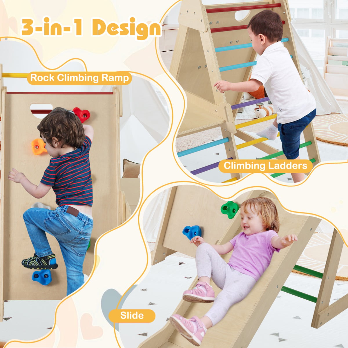 3-In-1 Jungle Gym with Extended Slide and Rock Climbing-Colourful
