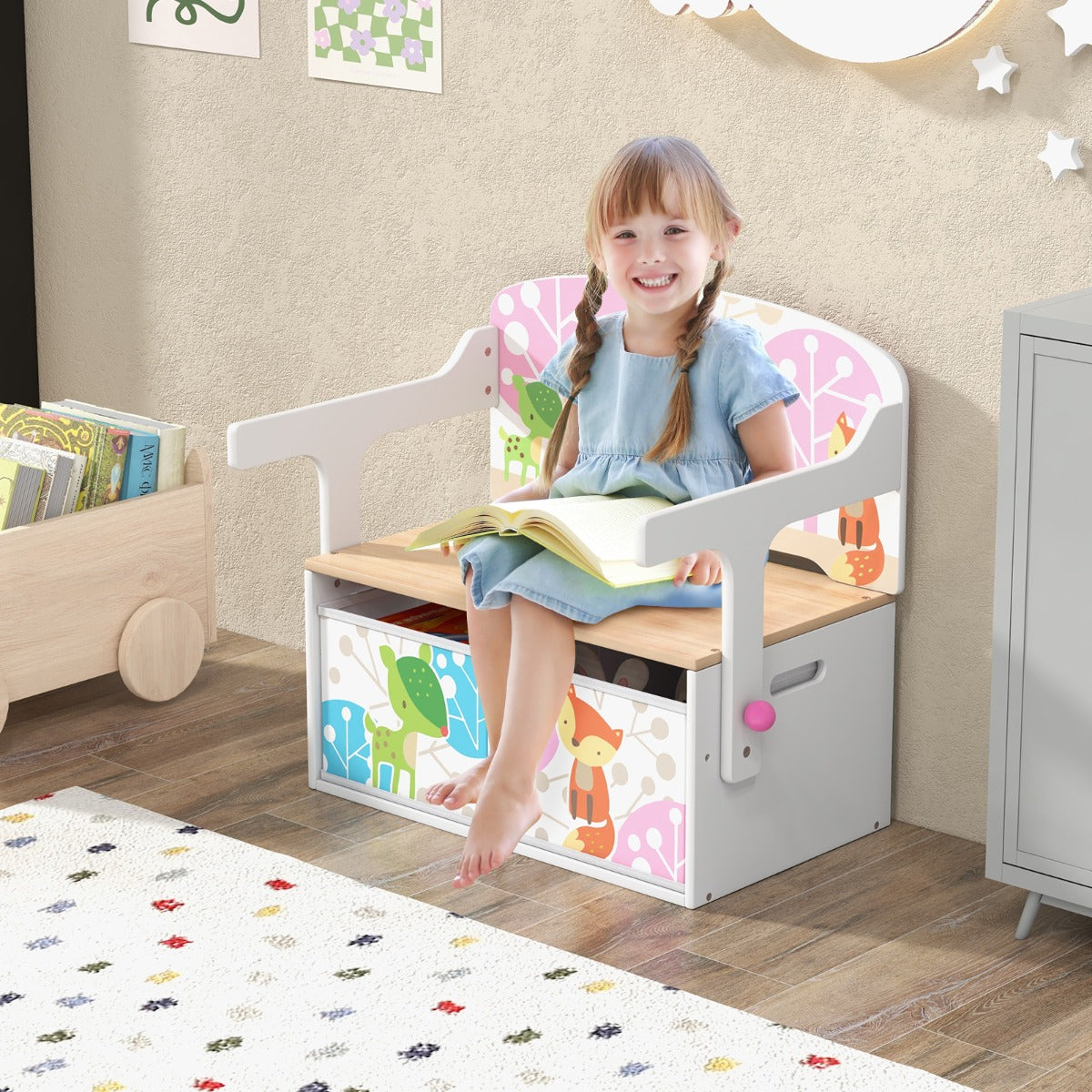 3 in 1 Kids Convertible Activity Bench with 2 Removable Fabric Bins for Drawing Playing-White