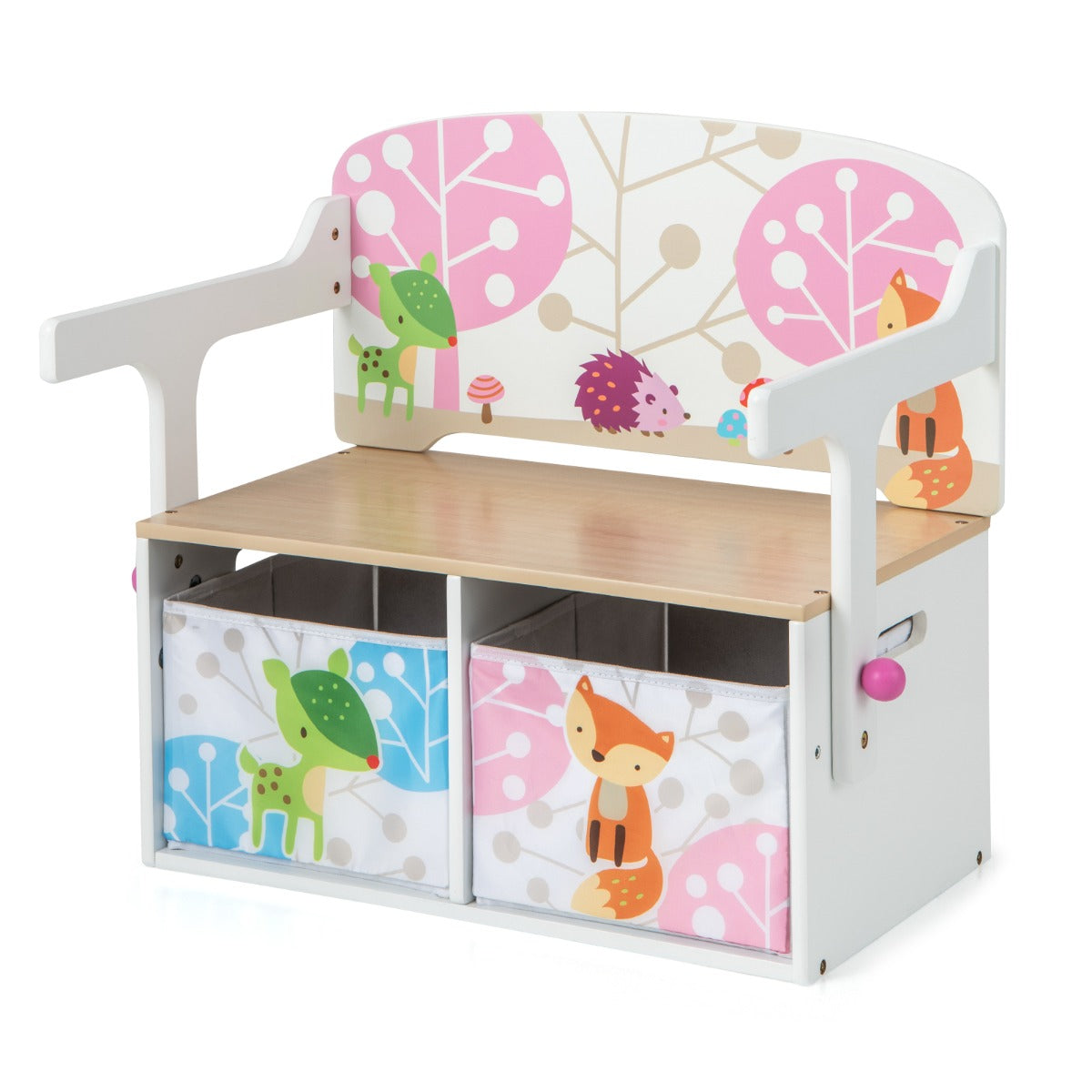 3 in 1 Kids Convertible Activity Bench with 2 Removable Fabric Bins for Drawing Playing-White