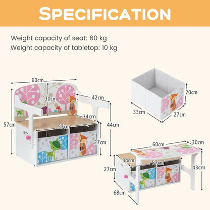 3 in 1 Kids Convertible Activity Bench with 2 Removable Fabric Bins for Drawing Playing-White
