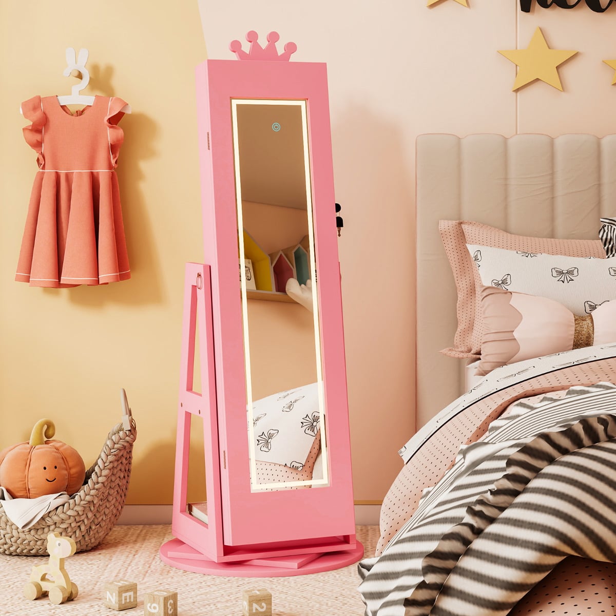 3 In 1 Kids Jewelry Cabinet 360° Swivel Jewelry Armoire with Mirror-Pink