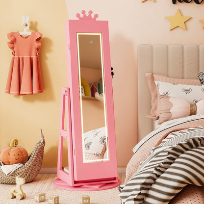 3 In 1 Kids Jewelry Cabinet 360° Swivel Jewelry Armoire with Mirror-Pink