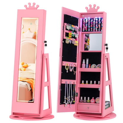 3 In 1 Kids Jewelry Cabinet 360° Swivel Jewelry Armoire with Mirror-Pink