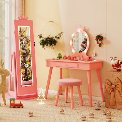 3 In 1 Kids Jewelry Cabinet 360° Swivel Jewelry Armoire with Mirror-Pink