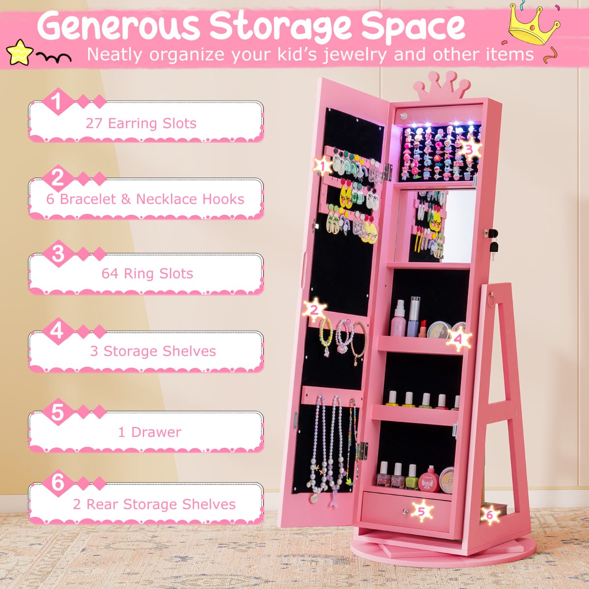3 In 1 Kids Jewelry Cabinet 360° Swivel Jewelry Armoire with Mirror-Pink