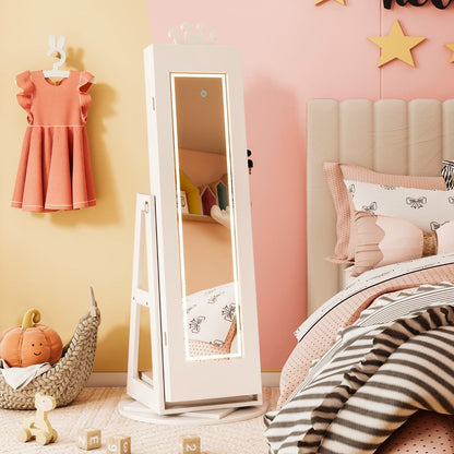 3 In 1 Kids Jewelry Cabinet 360° Swivel Jewelry Armoire with Mirror-White
