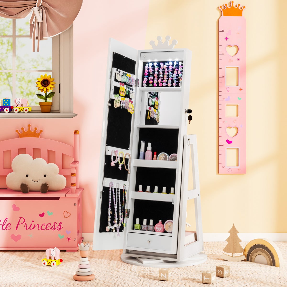 3 In 1 Kids Jewelry Cabinet 360° Swivel Jewelry Armoire with Mirror-White