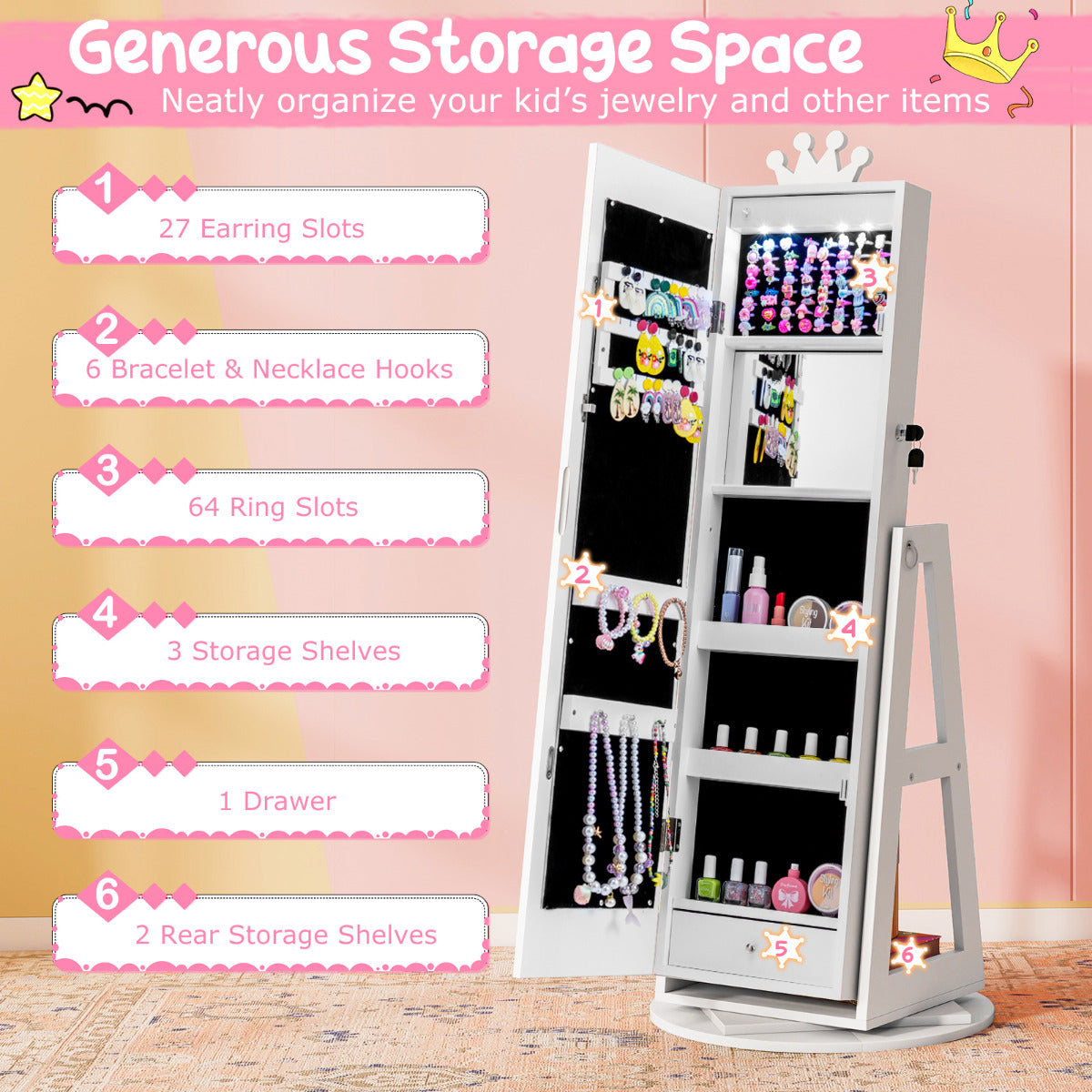 3 In 1 Kids Jewelry Cabinet 360° Swivel Jewelry Armoire with Mirror-White