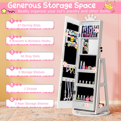 3 In 1 Kids Jewelry Cabinet 360° Swivel Jewelry Armoire with Mirror-White