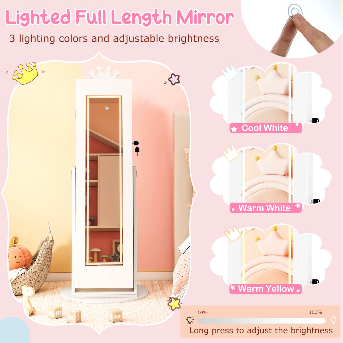 3 In 1 Kids Jewelry Cabinet 360° Swivel Jewelry Armoire with Mirror-White