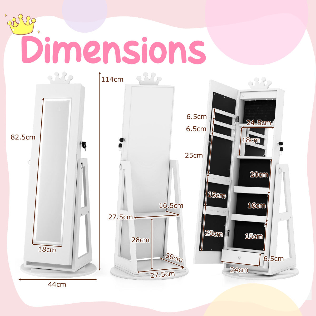 3 In 1 Kids Jewelry Cabinet 360° Swivel Jewelry Armoire with Mirror-White