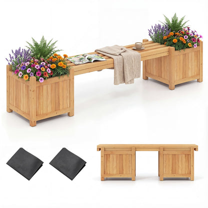 3-in-1 Outdoor Planter Box with Bench and 2 Side Garden Beds-Natural