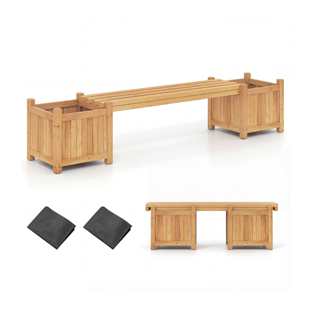 3-in-1 Outdoor Planter Box with Bench and 2 Side Garden Beds-Natural