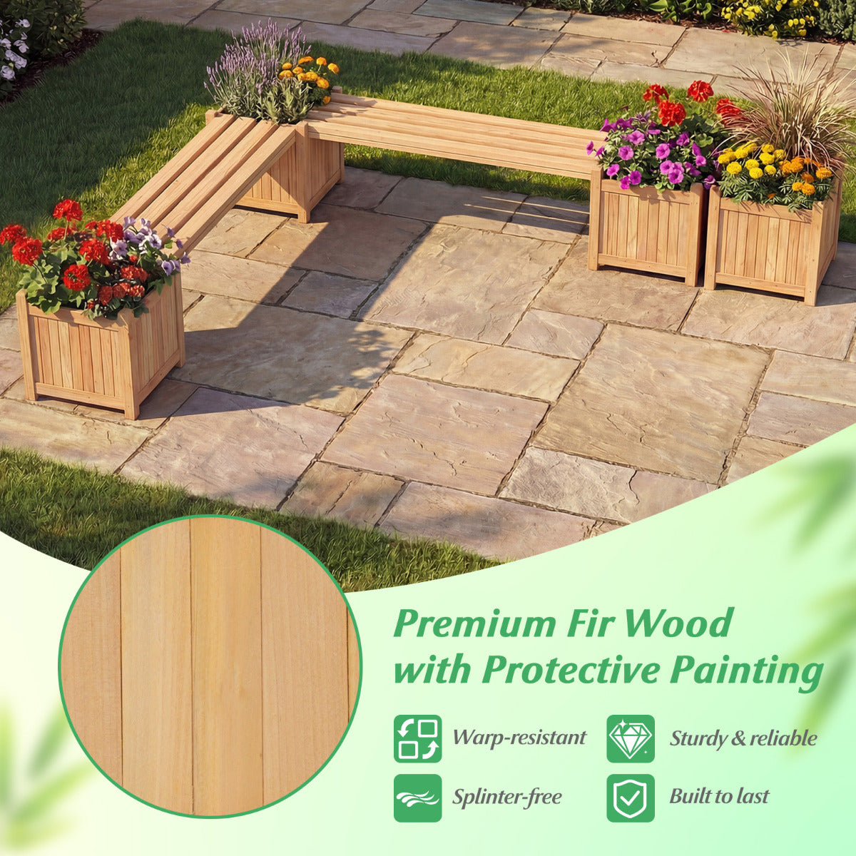 3-in-1 Outdoor Planter Box with Bench and 2 Side Garden Beds-Natural