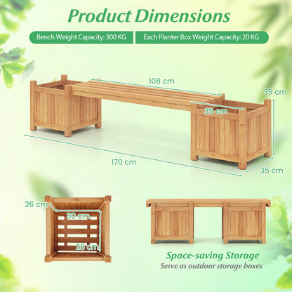 3-in-1 Outdoor Planter Box with Bench and 2 Side Garden Beds-Natural