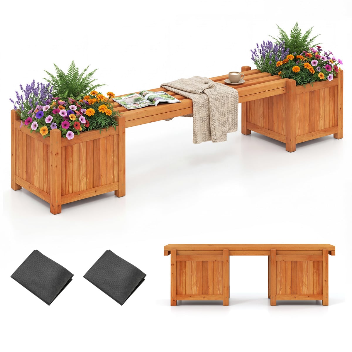3-in-1 Outdoor Planter Box with Bench and 2 Side Garden Beds-Orange