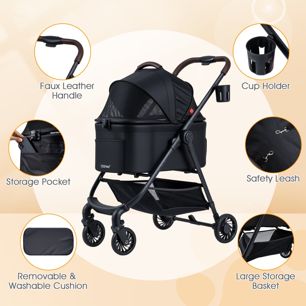 3-in-1 Pet Stroller One-hand Folding  Dog Stroller Car Seat-Black