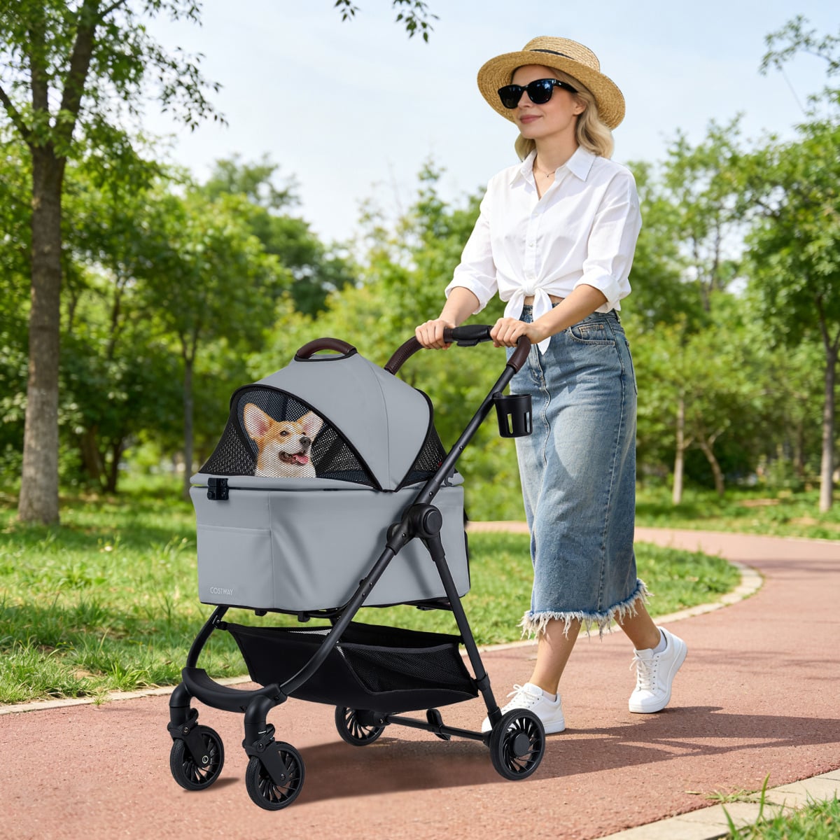 3-in-1 Pet Stroller One-hand Folding  Dog Stroller Car Seat-Grey