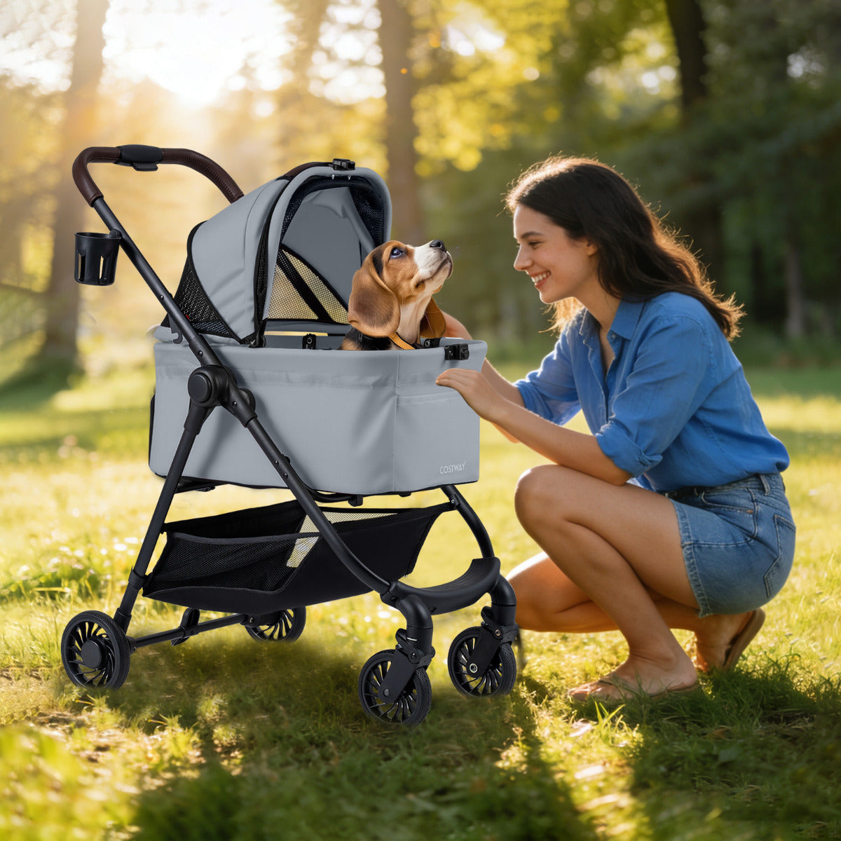 3-in-1 Pet Stroller One-hand Folding  Dog Stroller Car Seat-Grey