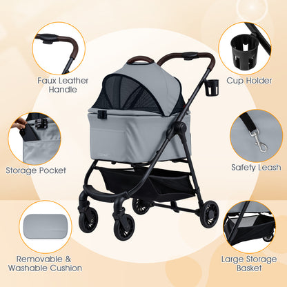 3-in-1 Pet Stroller One-hand Folding  Dog Stroller Car Seat-Grey