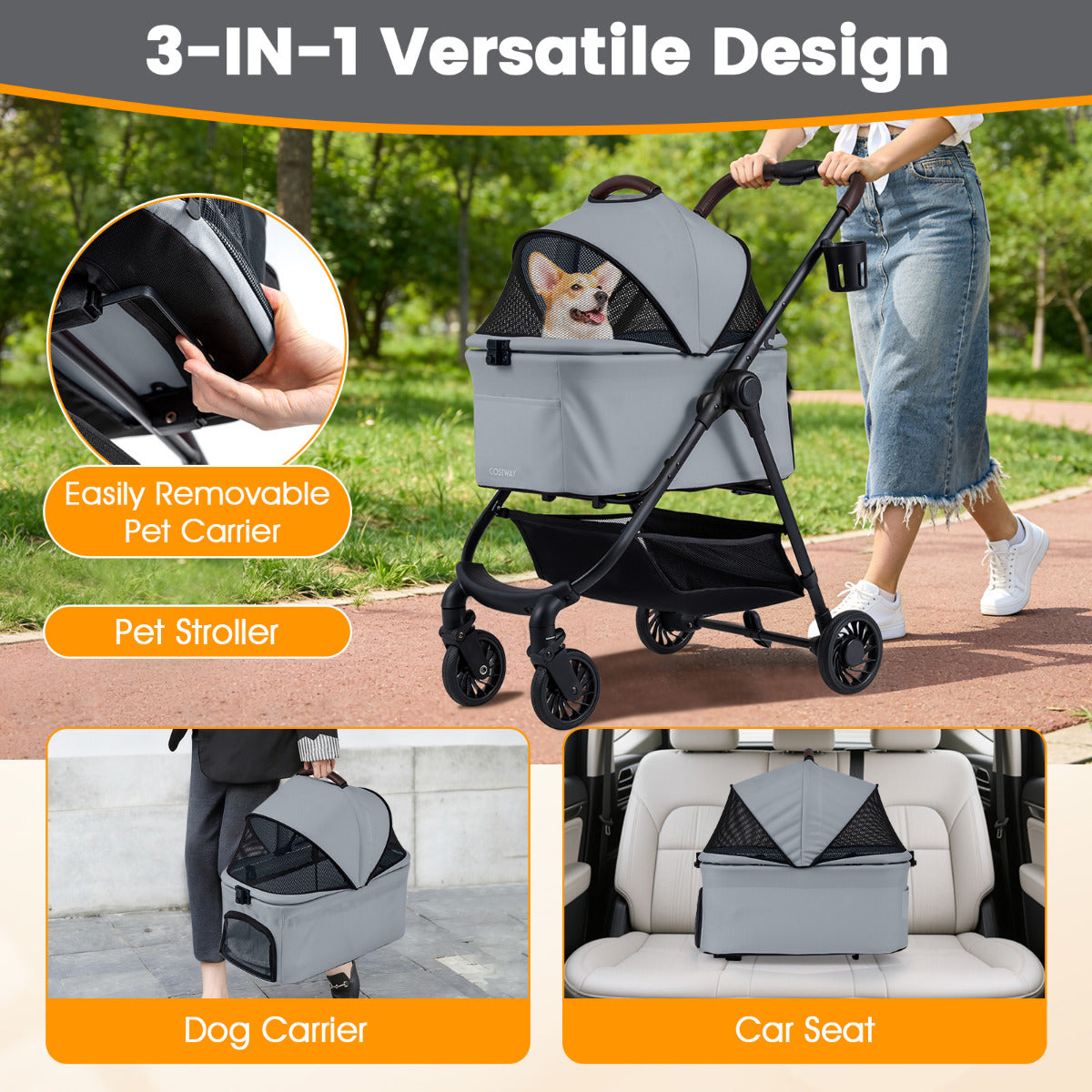 3-in-1 Pet Stroller One-hand Folding  Dog Stroller Car Seat-Grey
