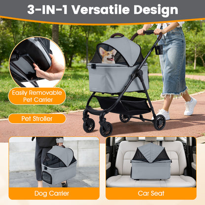 3-in-1 Pet Stroller One-hand Folding  Dog Stroller Car Seat-Grey