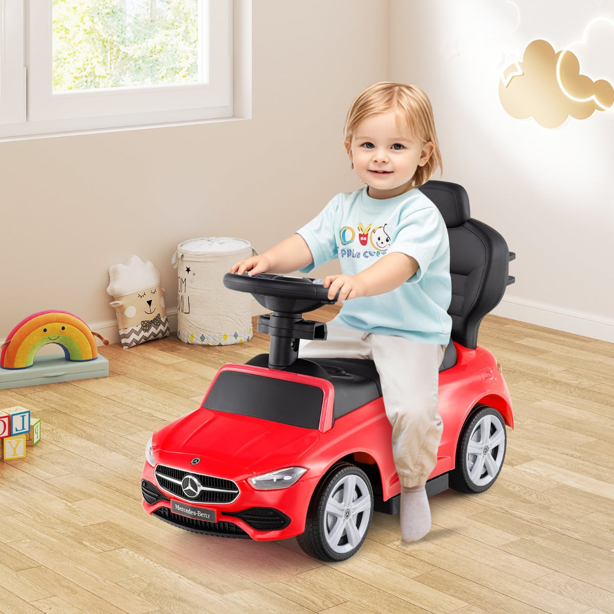 3-in-1 Ride on Push Car with Adjustable Canopy and Steering Push Bar-Red
