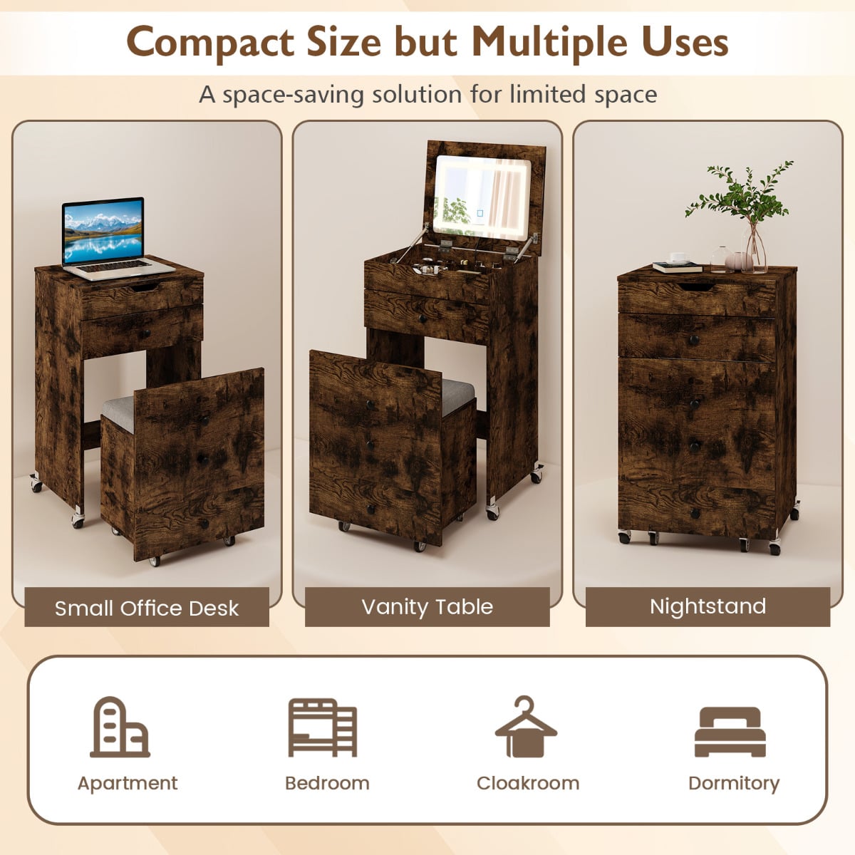 3-in-1 Small Vanity Desk Set with Flip-top Mirror and Lights-Rustic Brown