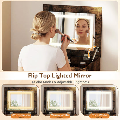 3-in-1 Small Vanity Desk Set with Flip-top Mirror and Lights-Rustic Brown