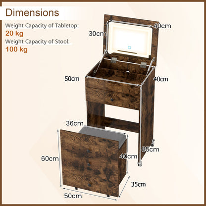 3-in-1 Small Vanity Desk Set with Flip-top Mirror and Lights-Rustic Brown