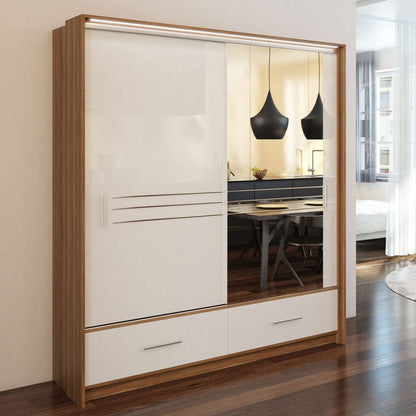 Wiltshire 208cm Sliding Door Wardrobe with Mirror Walnut with 2 Drawers - White Gloss and Black Gloss