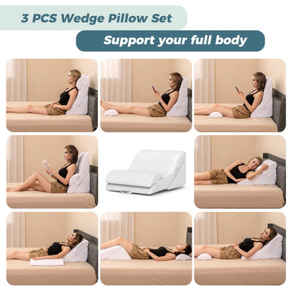 3 PCS Bed Wedge Pillow Set with Machine-washable Cover for Snoring-White