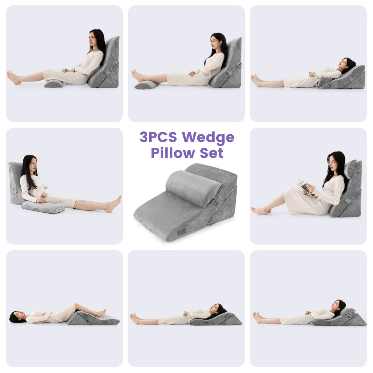 3 PCS Bed Wedge Pillow Set with Machine-washable Cover for Snoring-Grey