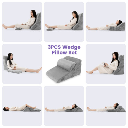 3 PCS Bed Wedge Pillow Set with Machine-washable Cover for Snoring-Grey