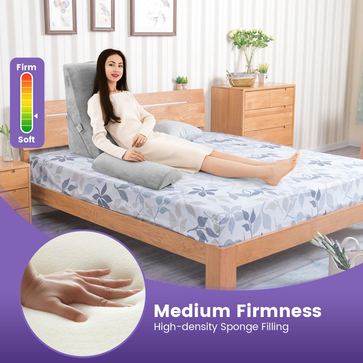 3 PCS Bed Wedge Pillow Set with Machine-washable Cover for Snoring-Grey