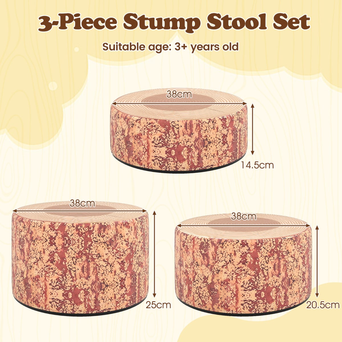 3 PCS Tree Stump Stool Set Round Flexible Seatings-Brown