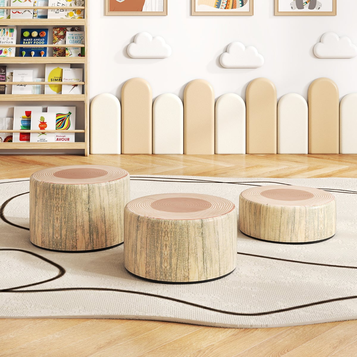 3 PCS Tree Stump Stool Set Round Flexible Seatings-Natural